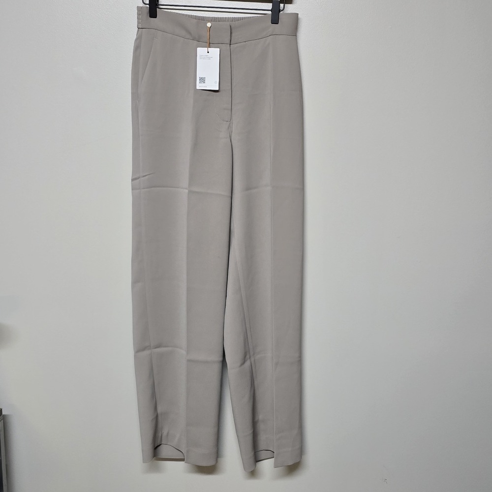 Quince Women's Stretch Crepe Pleated Wide Leg Pants Sand-Tan sz 8 NWT 30" Inseam